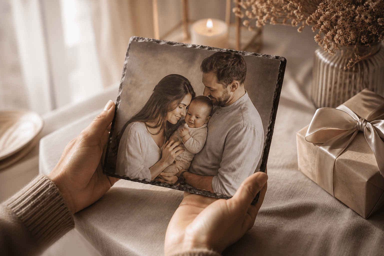 Hands holding a personalized stone photo gift